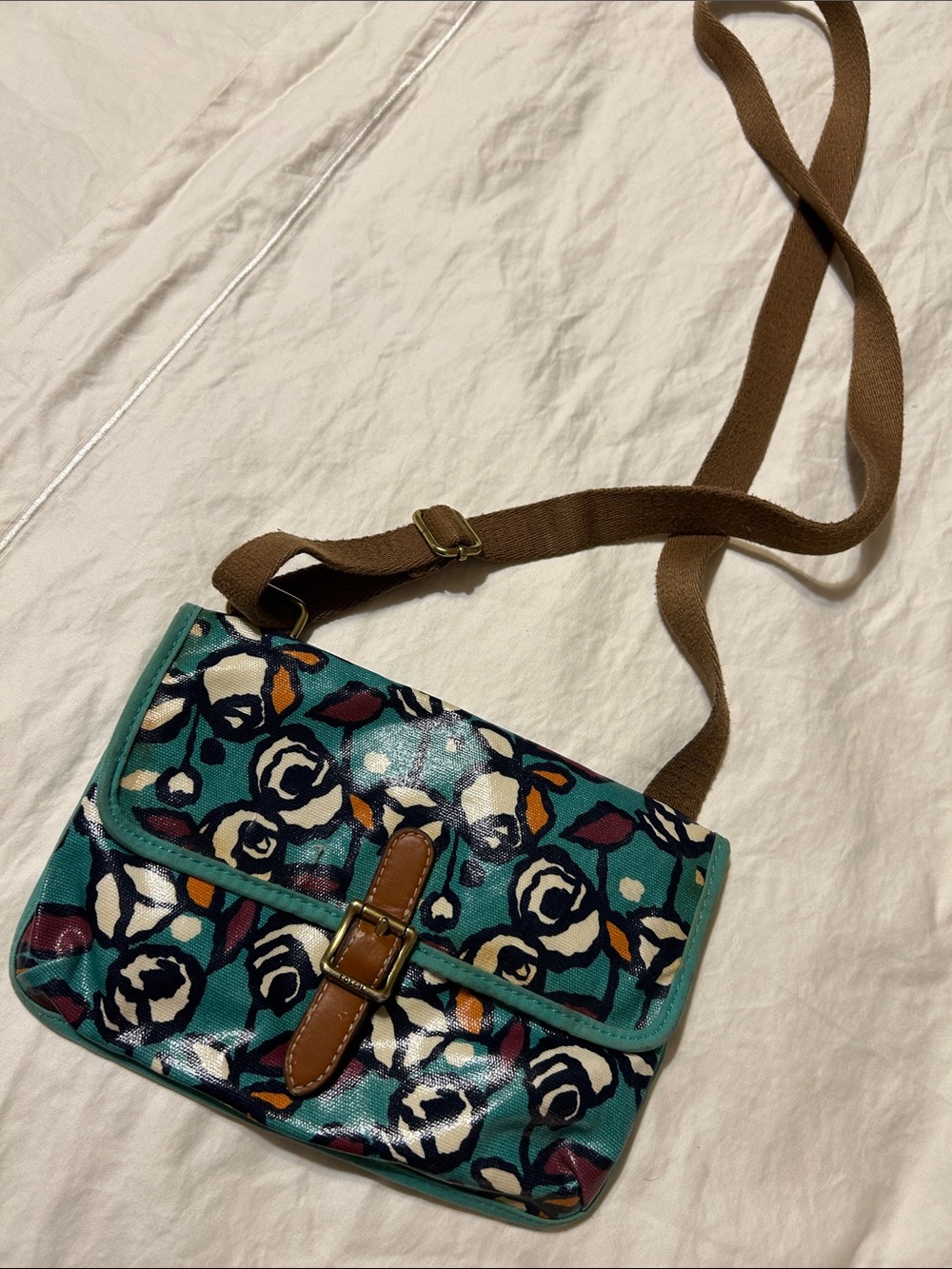 Teal Floral Crossbody Bag with Brown Trim